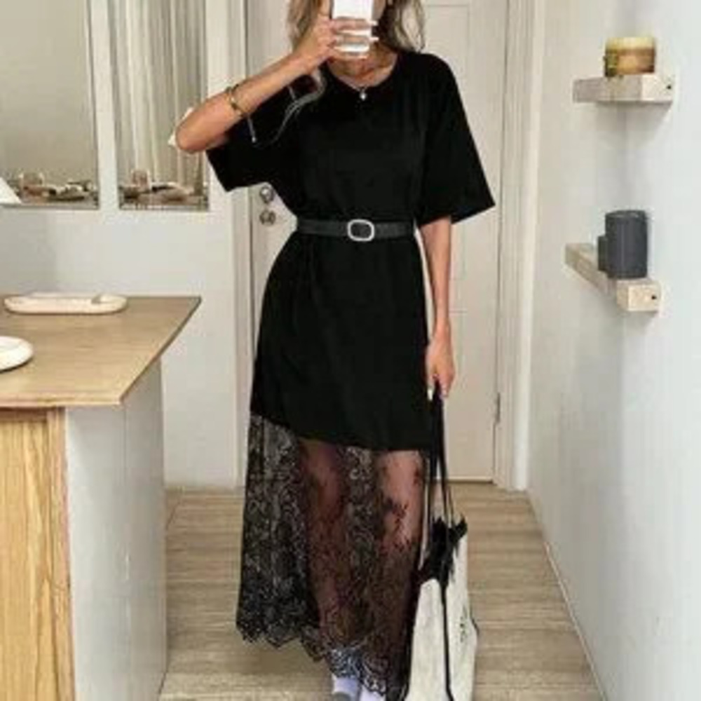 ZARA Black Casual Women's Loose Lace Elegant Crew Neck Short Sleeve Dress